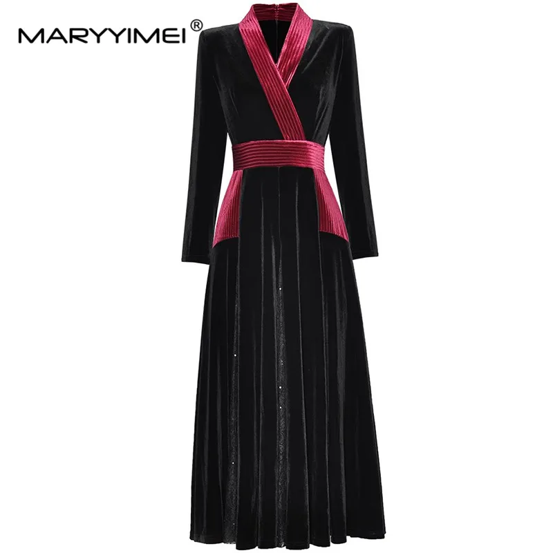 MARYYIMEI New Fashion Women's V-Neck Long Sleeve Closed Waist In Pockets Velvet Patchwork Lace Big Swing Thickened Dress