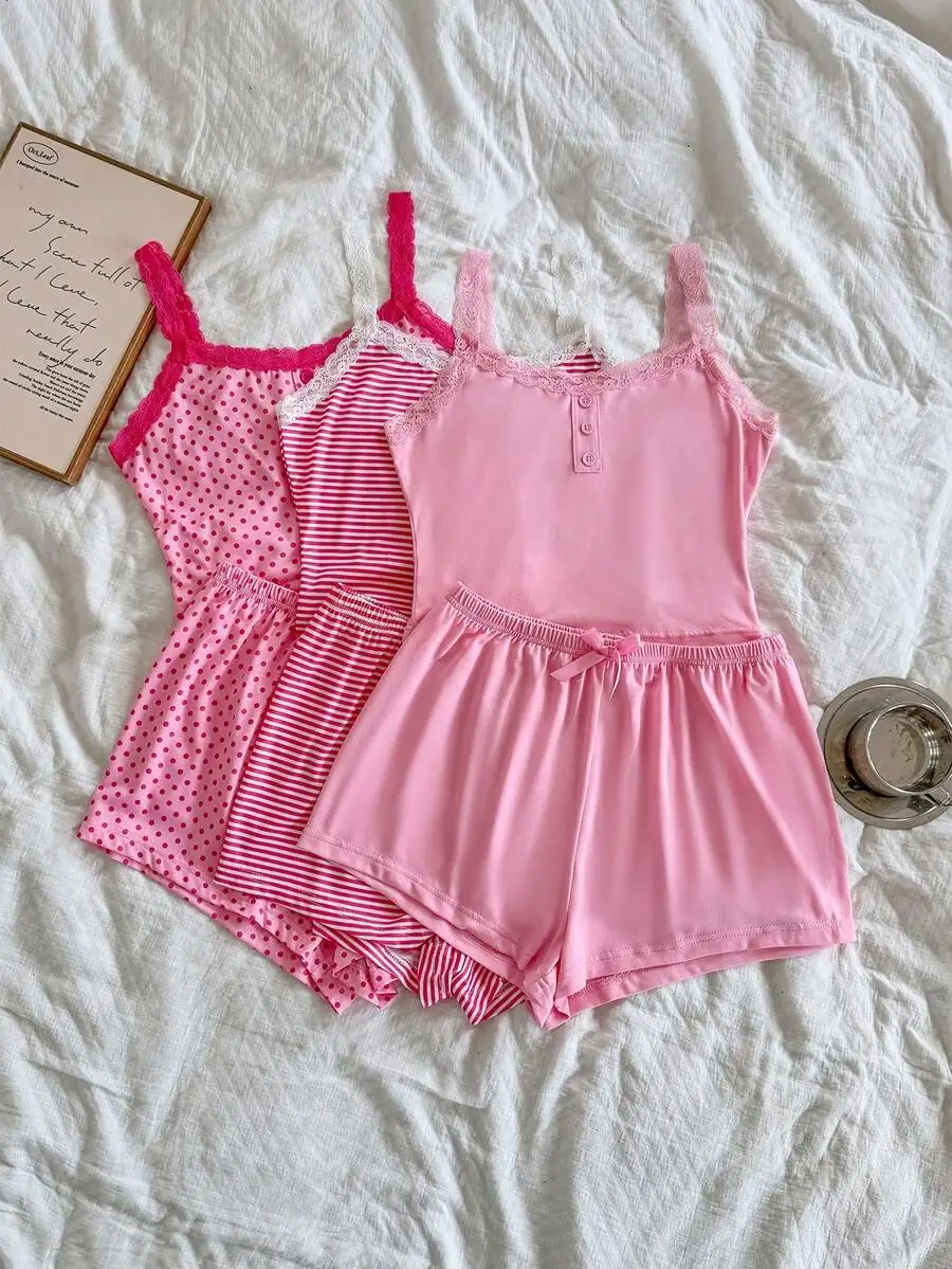6-Piece Womens Sleep Set: Solid, Polka Dot & Stripe Lace-Trimmed Camisoles With Elastic-Waist Shorts