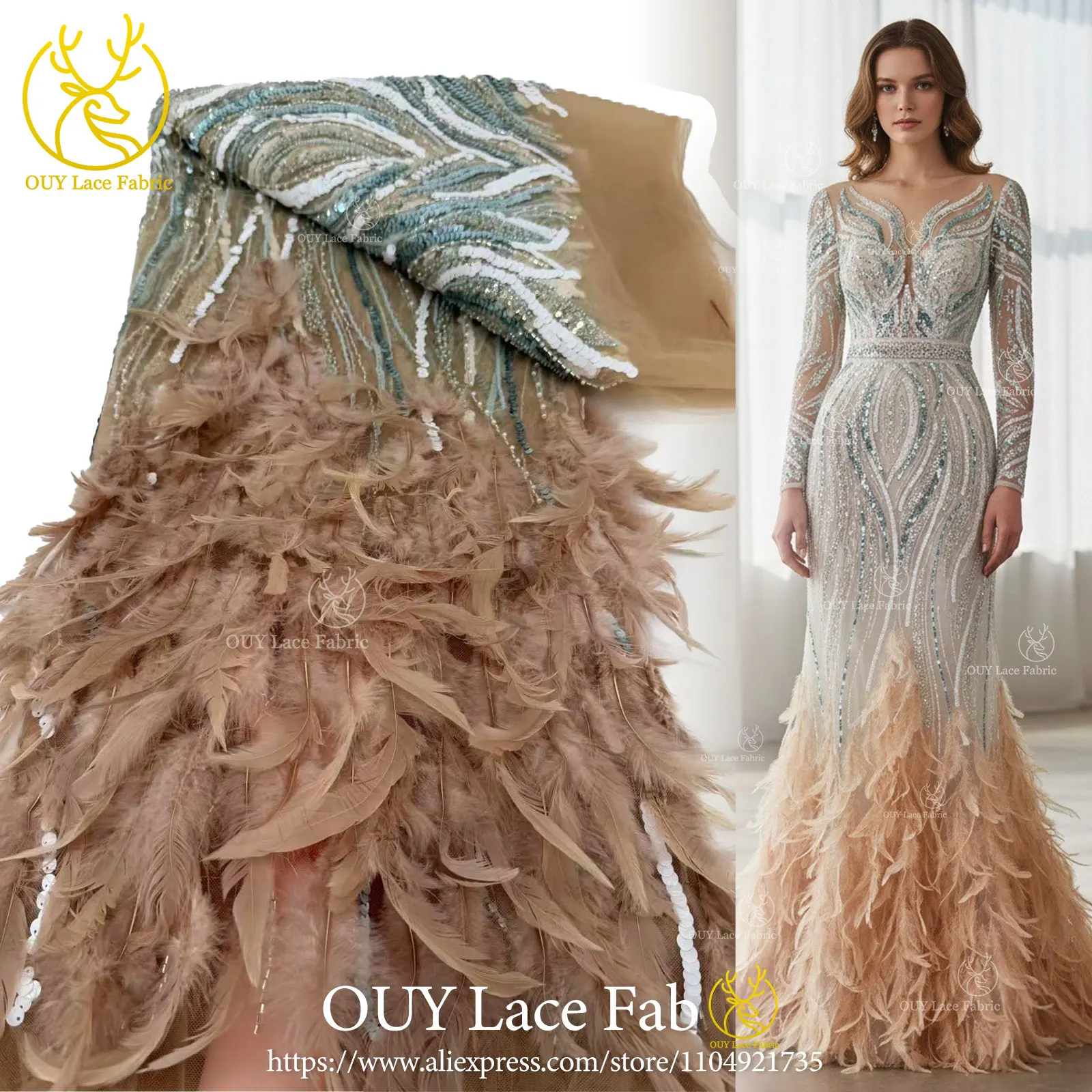 

Wholesale 3D Feather Sequined Lace Fabric 2026 High-Quality African Nigerian Lace Fabric Dress Sewing Fabric for Haute Couture