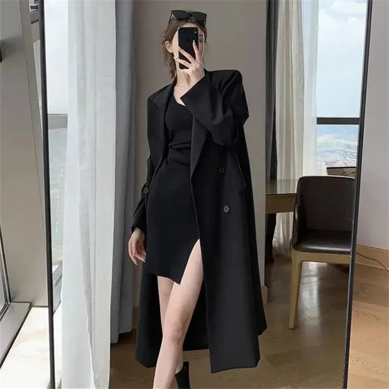 

Women Trench Coat Spring Autumn Pop Solid Color Lapel Double-breasted Long Sleeve Temperament Fashion Long Suit Windbreaker 466