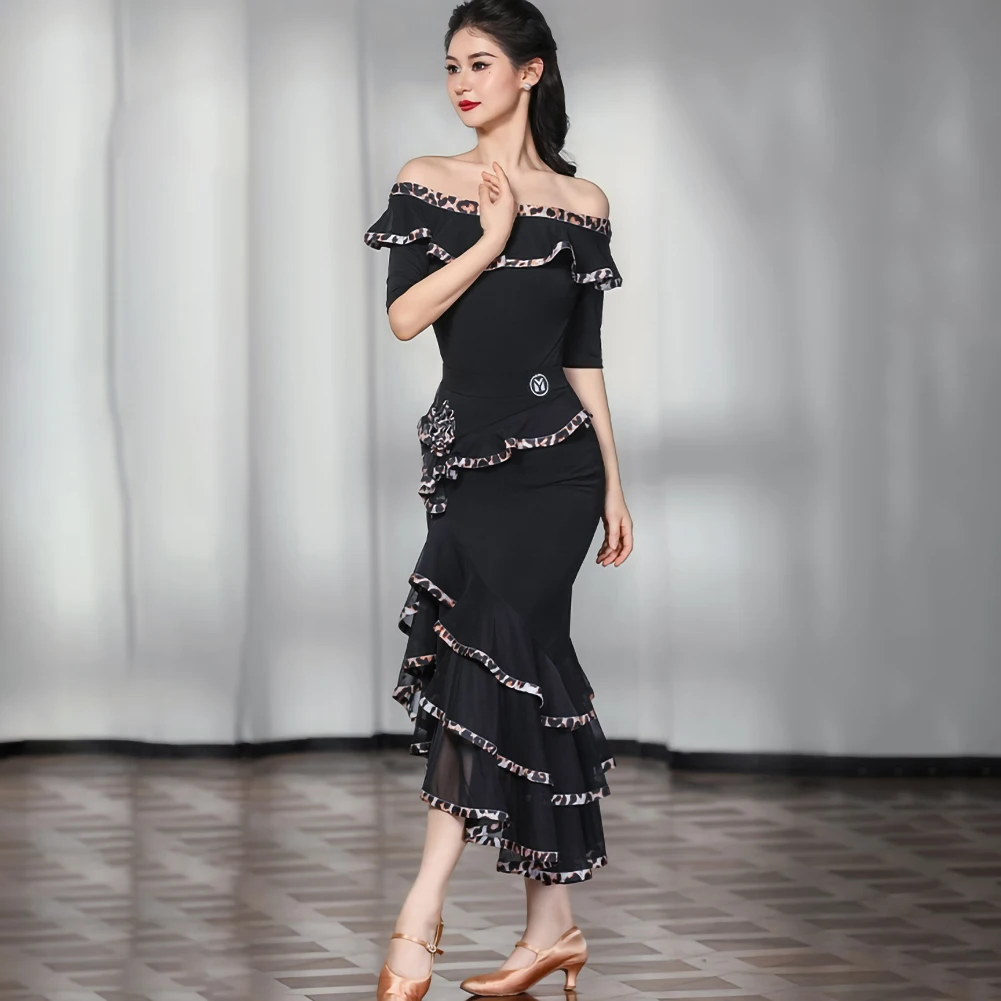

New Ballroom Dance Line Collar suit Short-sleeved Shirt Dress Leopard Print Stage Dress Women's Practice Ballroom Dance Dress