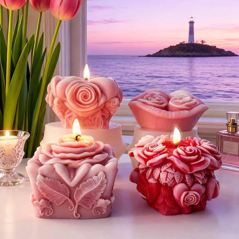 DIY Valentine's Day Candle Rose Flower Silicone Mold Handmade Aroma Candle Gypsum Epoxy Resin Ornament Mold