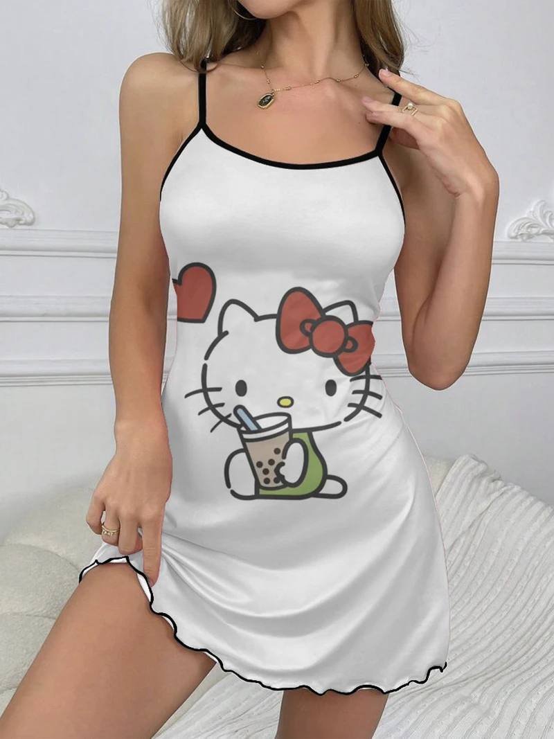 Seksowna sukienka Eleganckie sukienki dla kobiet Satynowa spódnica piżamowa Hello Kitty Crew Neck Sałata Wykończenie Moda Lato 2024 Szykowna mini