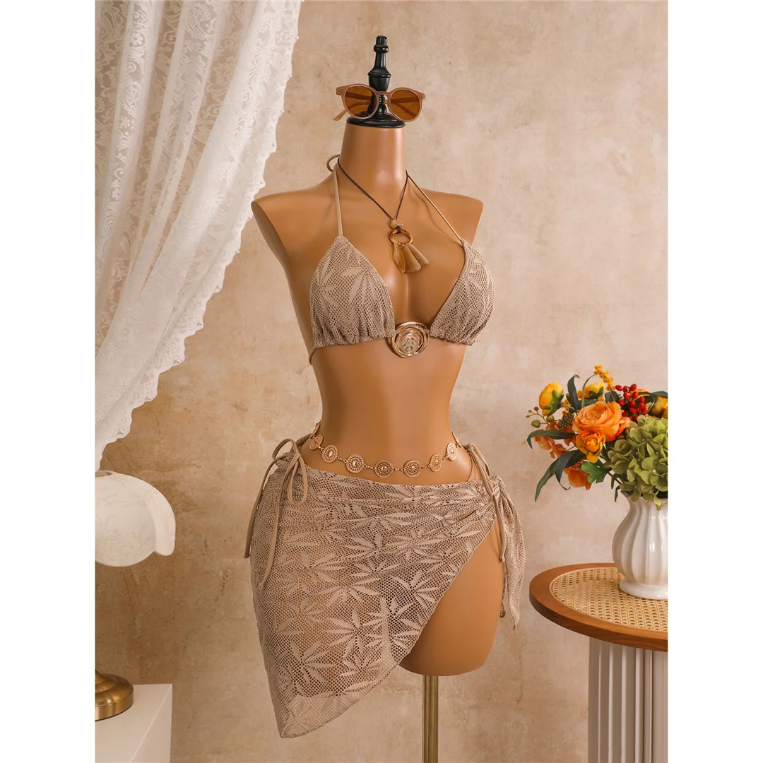 Mit Sarong-Blättern bedruckter Neckholder-Bikini, Damen-Badeanzug, dreiteiliges Bikini-Set, Badebekleidung, Badeanzug, Schwimmanzug V8367 – Detail 9