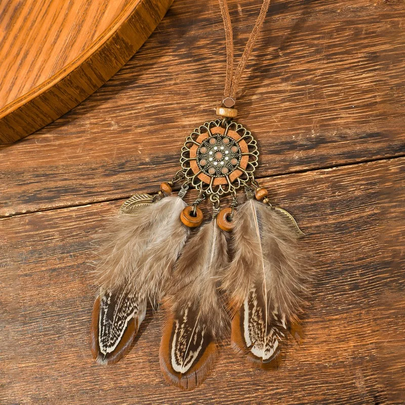 Classic Geometry Pendant Necklaces Sweater Chain Dreamcatcher Handmade Braided Brown Feather Necklace Boho Jewelry for Women
