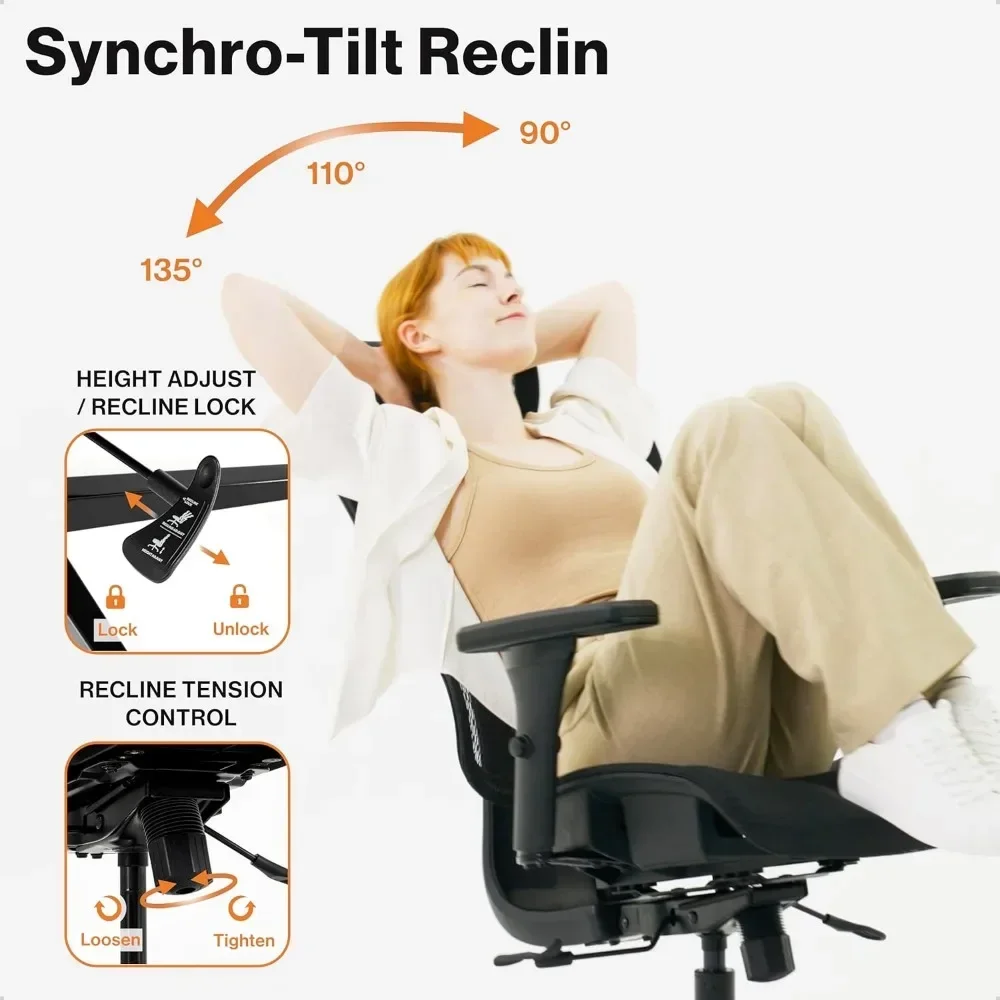 Ergonomic Office Chair - Height Adjustable Backrest Lumbar Support, Seat Depth Adjust, 3D Headrest, 4D Armrests, Blade Wheels