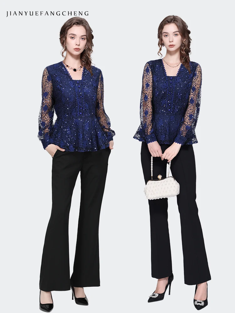 100% Nylon Womens Long Sleeve Square Neck Hollow Out Sequined Blue Lace Blouse 2024 Spring Summer Ladies Fashion Shirts Tops