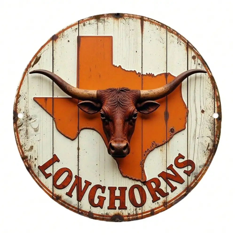Placa de Madeira Redonda 2D Plana Vintage Retrô Rústica Texas Longhorns, Decoração de Parede para Casa de Campo, Bar, Sala de Jogos, NCAA