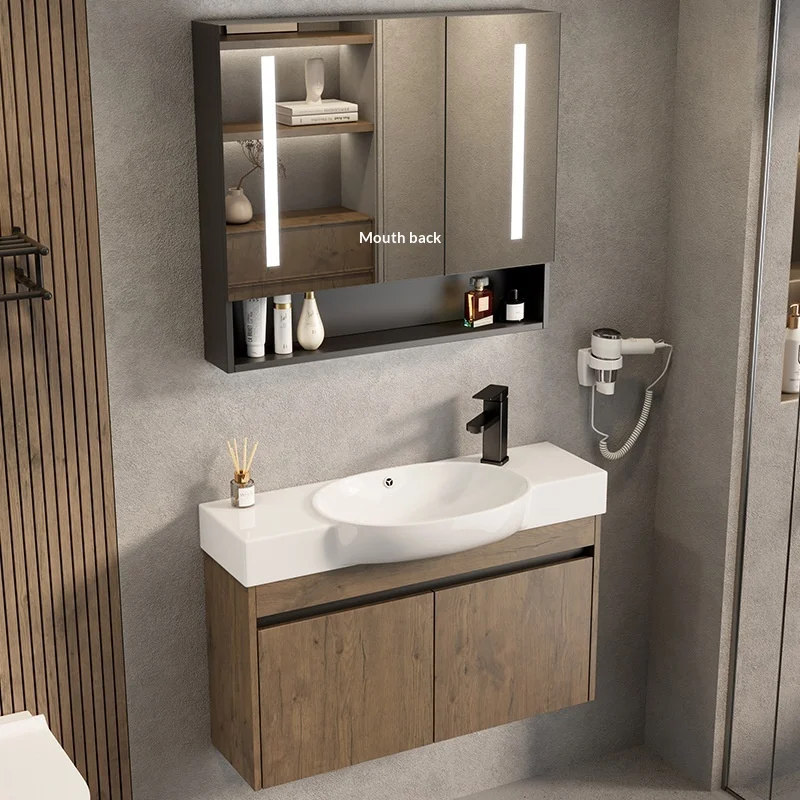 Small apartment ultra-narrow bathroom cabinet combination integrated ceramic wash basin with wall-mounted mirror