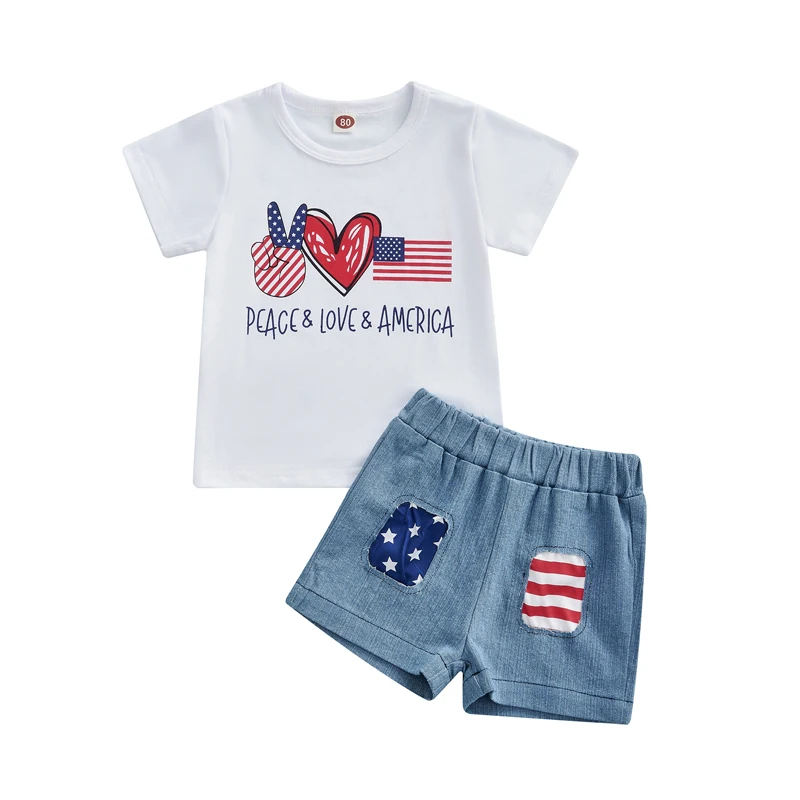 Children s Fourth of July Matching Set Baby Boy Girl American Flag Print T-Shirt Patchwork Shorts Outfit for Independence Day