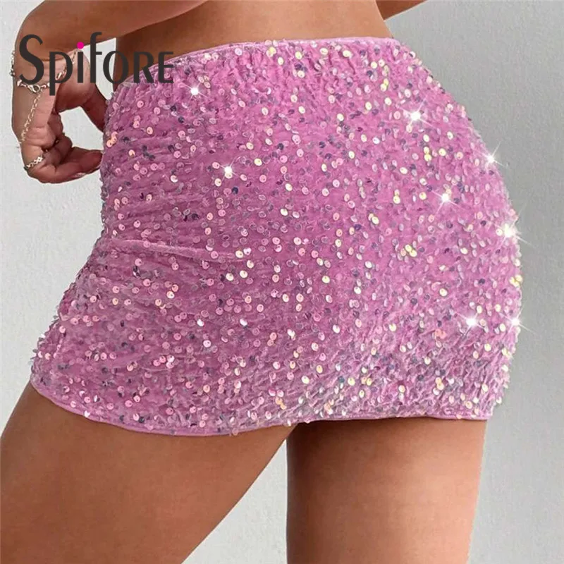 Spifore Glitter Sequins Mini Skirts For Women 2025 Summer High Waist Bodycon Bottoms Fashion Nightclub Party Wear Female Skirt