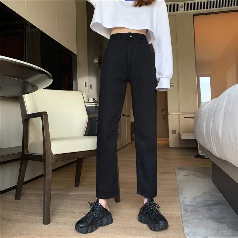 Thiened Fce Bla jean femme automne hiver ample taille haute jambe droite pantalon grande taille résistant à l'usure longue fermeture éclair