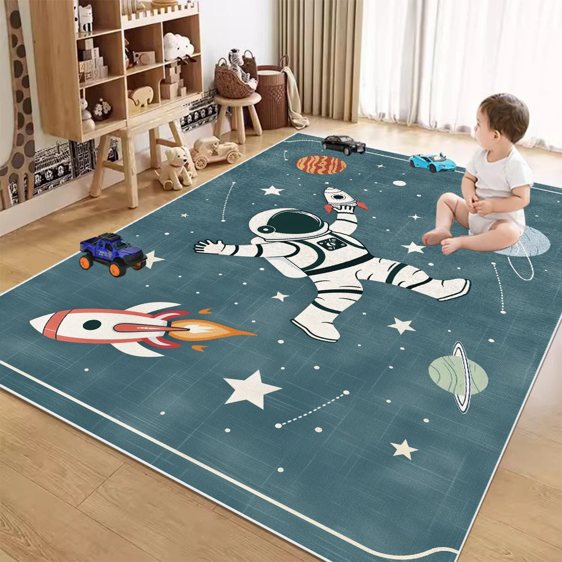 Cartoon Space Astronaut Carpets for Living Room Children Room Crawl Washable Non-slip Play Floor Mat Kids Bedroom Cloakroom Rugs