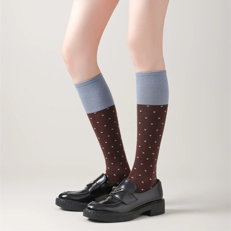 Early Spring Thin Contrasting Color Wave Point Calf Socks Boneless Matching Small Leather Shoes JK Girl Knee Length Long Socks