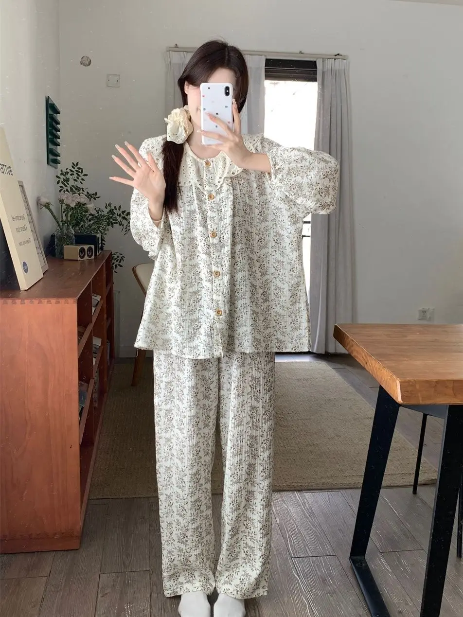 الجولة الرقبة الأزهار بيجامة مجموعات المرأة ربيع الخريف جديد طويل الأكمام بنطلون ملابس المنزل 2 قطعة مجموعة سيدة Kawaii الملابس Pj دعوى
