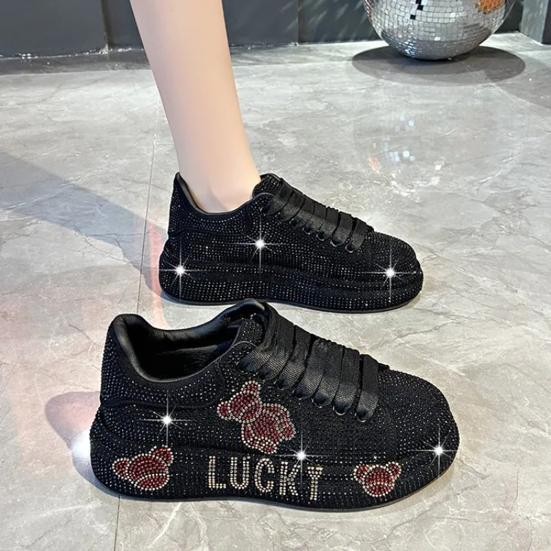Fashion Women's Shoes 2026 Spring New Item Women Casual Full Diamond Sponge Cake Shoes Thick Soled Rhinestone Sports Board Shoes