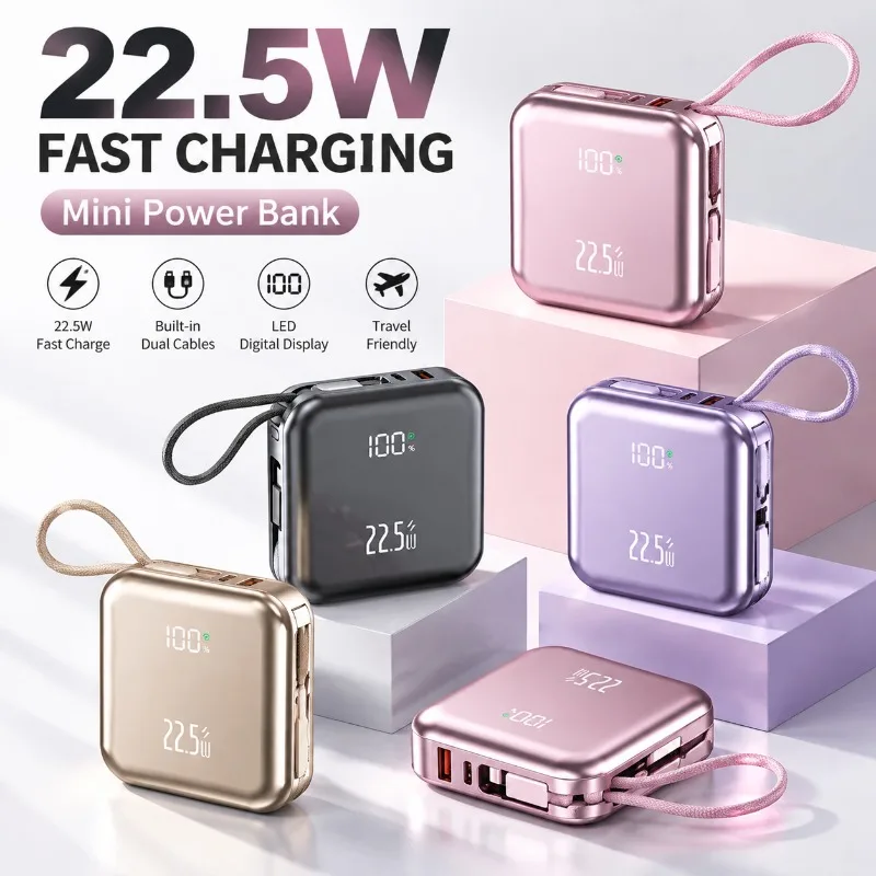 20000mAh Power Bank,120W  Fast Charge Built‑in Cable Ultra Compact Portable Mobile Power for Cell Phone Travel Home Daily