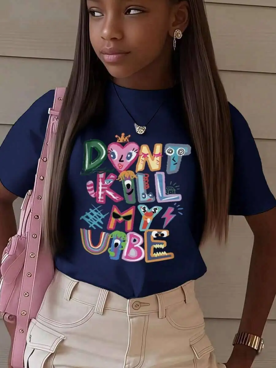 1 camiseta informal de manga corta con cuello redondo y estampado de corazones para niñas, ropa juvenil de verano para estudiantes, estilo minimalista con letras en inglés, 100% algodón, camiseta de manga corta con gráfico Y2K a la moda para niños, camiseta informal de verano suave de secado rápido que absorbe la humedad, regalo perfecto