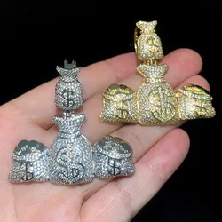 2024 New Iced Out Money Bag Pendant Necklace for Men Gold Silver Plated Prong Setting Bling Rich Charms Hip Hop Jewelry