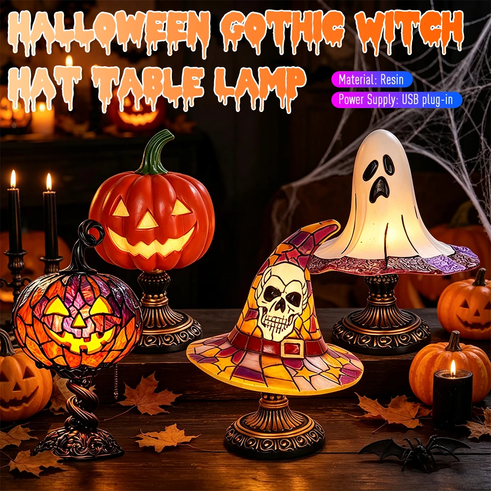 Gothic Witch Hat Pumpkin Resin Night Light Warm Enchanting Glow & Versatile Spooky Lamp for Halloween Home Decoration