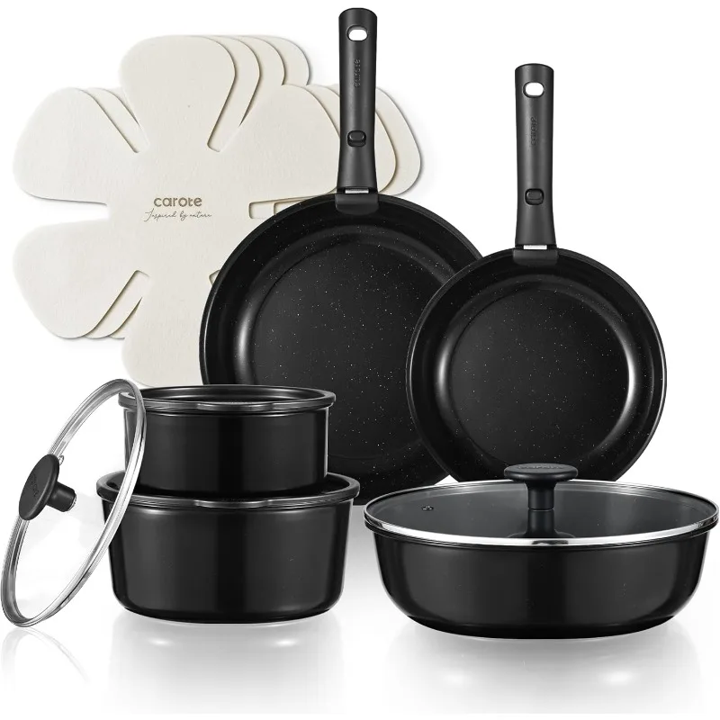 15pcs Ceramic Cookware Set,  Non Stick RV Cookware Set with Detachable Handle, Dishwasher/Oven Safe Cookware Set, Black