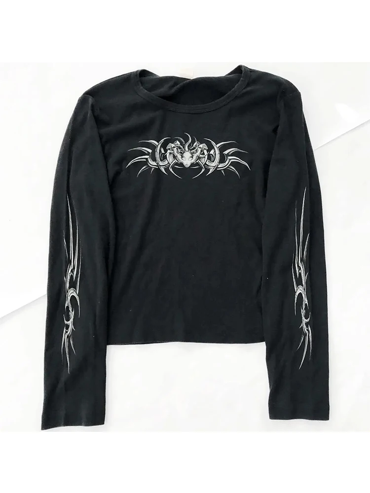 Goth Women T-shirts Blusas O-neck Long Sleeve Skull Print Tunic Woman Clothing Fashion Casual Crop Tops Shirts Y2K Clothing