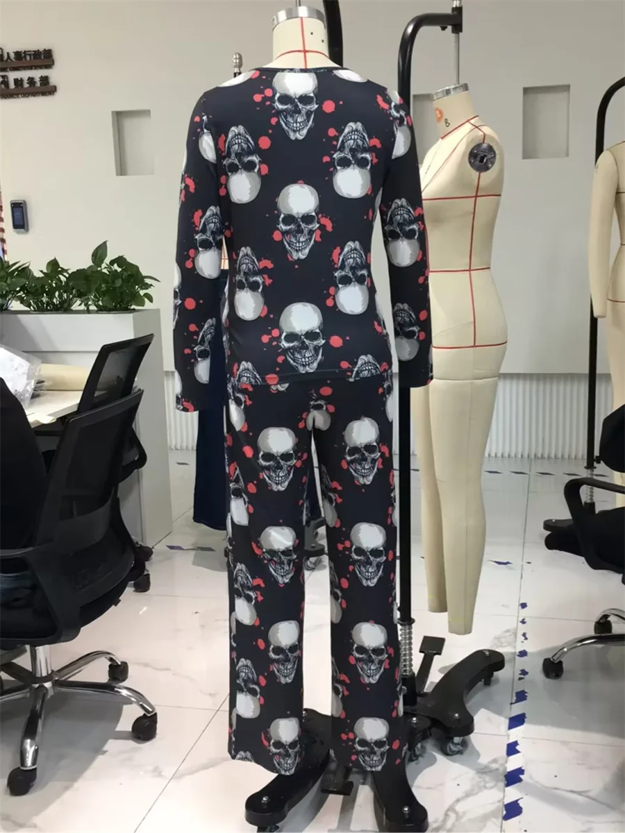 Womens Halloween Pajamas Sets Human Skull Print Night Suits Long Sleeve Sleepwear Soft Pj-Lounge Set Home Suits Outfits