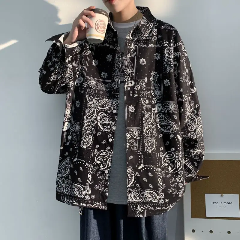 Spring Autumn New Turn-down Collar Fashion Long Sleeve Shirt Man High Street Casual Loose Button Cardigan Printing Y2K Tops