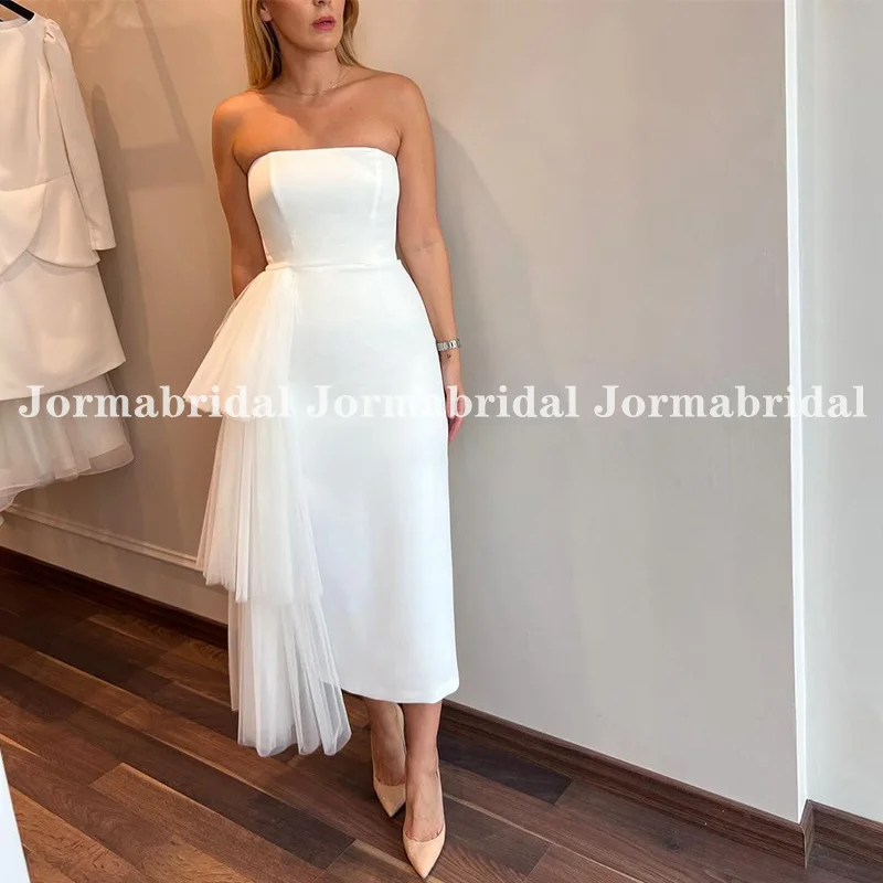 Robe de mariée en pansement sirène blanche sans bretelles avec ruban en tulle à plusieurs niveaux latéraux, robes de soirée de mariée, longueur de thé simple, patients, quoi que ce soit