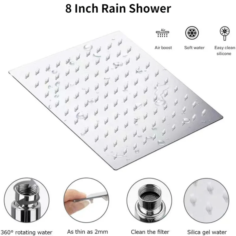 8 Inch Stainless Steel Shower Set Luxury Bathroom Rain Shower System Adjustable Shower System with Hand Showerhead Top Spray