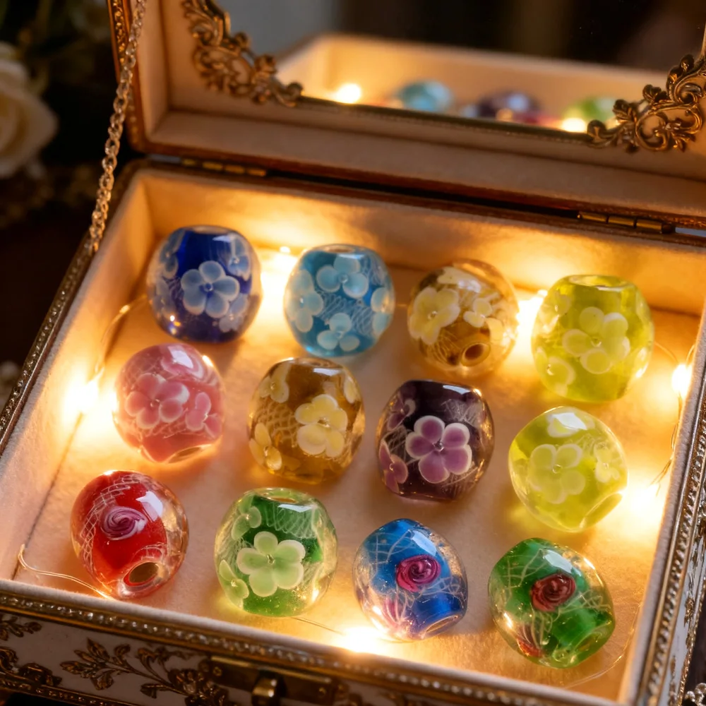 19mm Handmade Round Lampwork Glass Beads Women's DIY Transparent Lace Hollow Out Flower For Necklace Jewelry Making Accessories