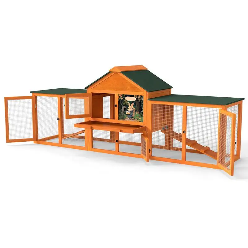 Large Rabbit Hutch with Rest Area, 2 Play Zones, 2 Handles, 2 Ramps, Removable Tray & Waterproof Roof for Bunnies and Small
