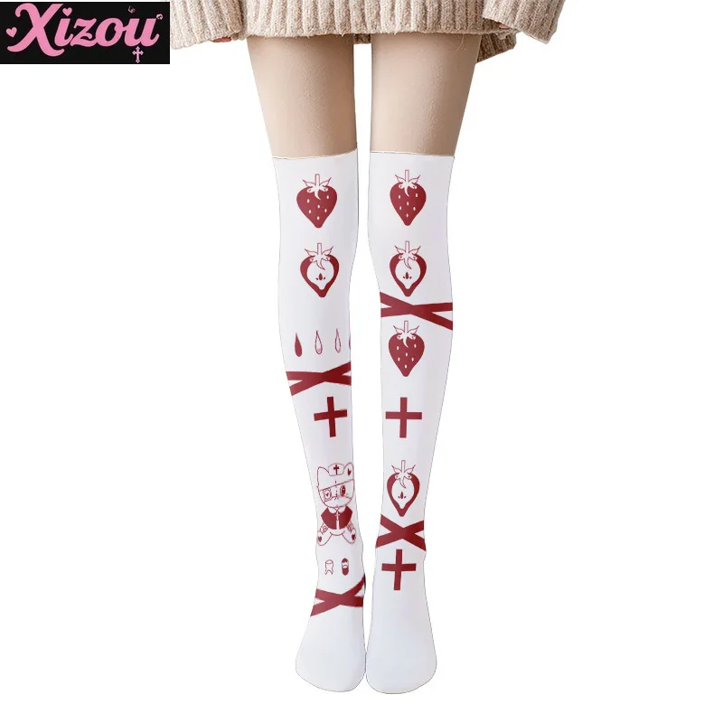 Japanese Yabi y2k printed stockings thin women's spring autumn Lolita cute sweet anime kneee-length white velvet socks female