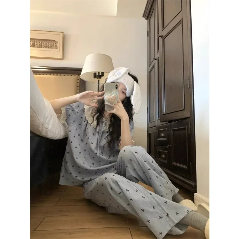 2/pce Set Women Spring Summer Casual Pajama Girl Short Sleees Pants Shorts Loungewear Lady Fashion Lace Heart Print Cloud Pajama view 6