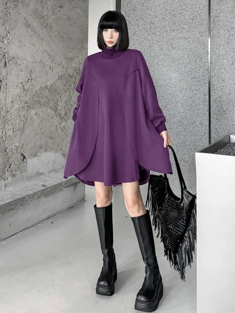 XITAO Turtleneck Split Patchwork Female Dresses Solid Color Pullover Long Sleeve Loose Personality 2024 Autumn All Match HQQ2410