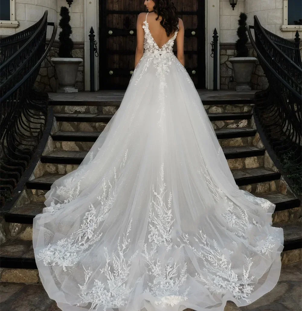 Customized Luxury A-line Wedding Bridal Gowns Backless V-neck Appliques Wedding Dresses 2025 Vestidos De Novia