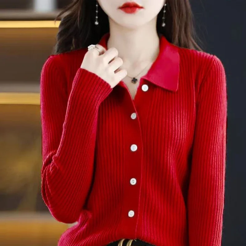 Red Polo Winter Button Knit Tops for Woman Pink Cardigan Women\'s Sweater Korean Style Modern Sale Designer Clothing Aesthetic