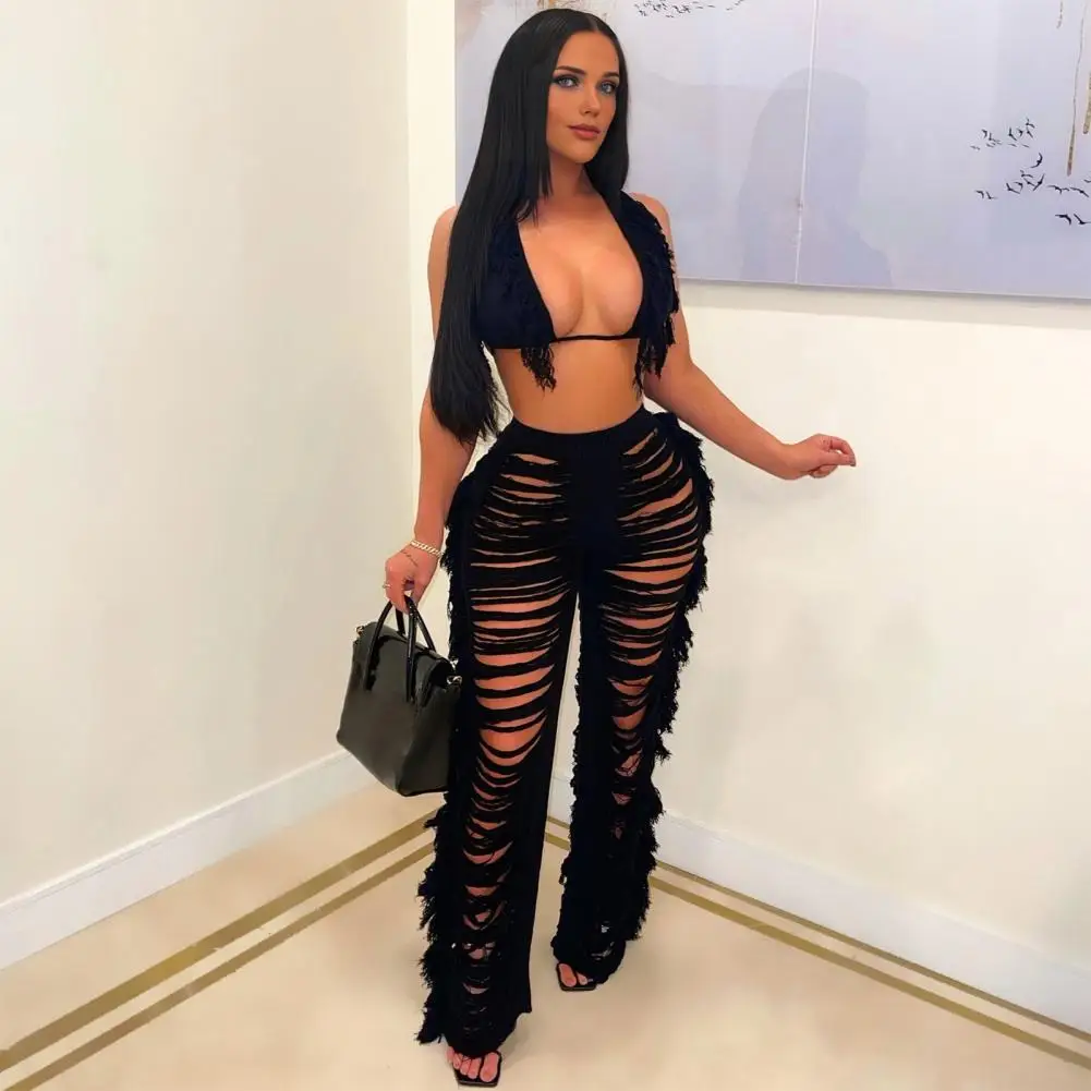 Knit Pants Halter Top Set Stylish Women\'s Beach Vacation Crop Top Pants Set with Tassel Detailing Lace-up Halter Neck High Waist