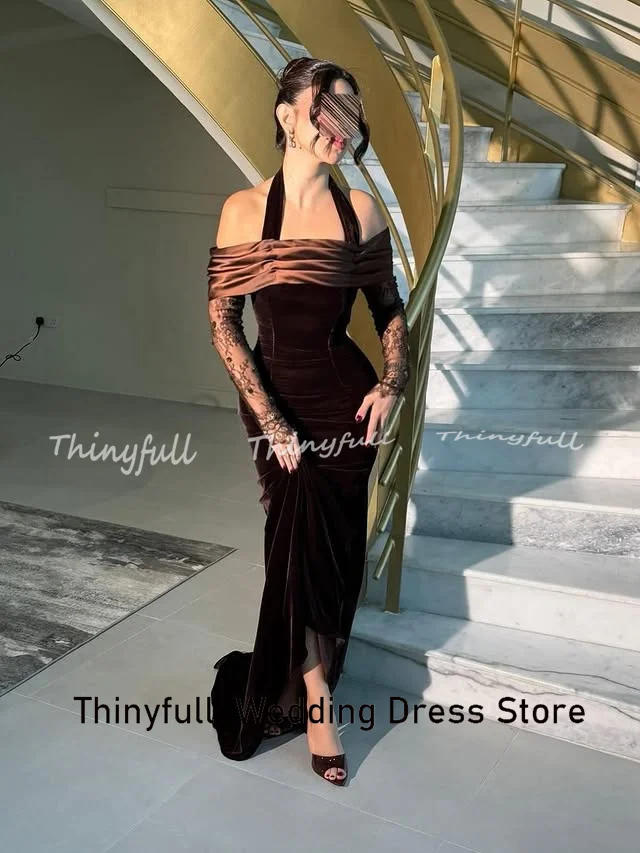 Thinyfull Meerjungfrau, schulterfrei, arabische Ballkleider, Samt/Spitze, lange Ärmel, Abendkleid, formelles Kleid, Robes de Soirée, individuell gestaltet