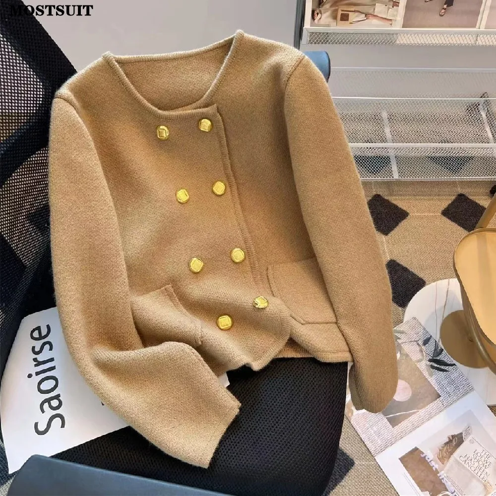 

Double-breasted Stylish Sweater Coat Women Elegant Vintage Fashion Chic Jacket Tops Long Sleeve O-neck Jumpers Knitwear 2023