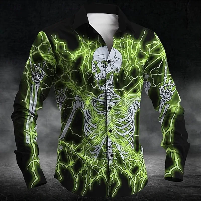 Horror de Halloween masculino abotoa camisas de manga comprida, caveira estampada em 3D, roupas casuais da moda masculina, 2024