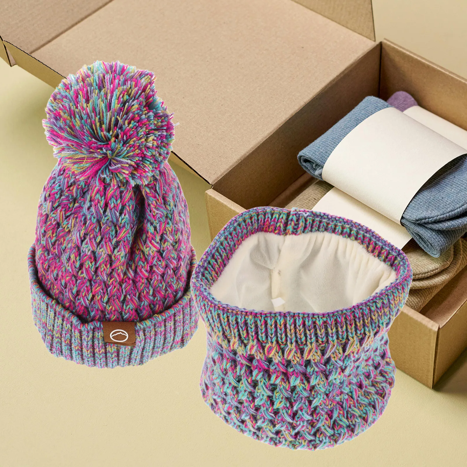 صوف مبطن قبعة الشتاء قفازات وشاح مجموعة بوم بوم قبعة محبوك الرقبة أدفأ قفازات كاملة الأصابع في الهواء الطلق البنفسجي #2