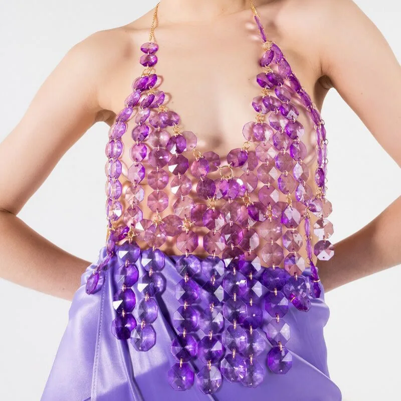 

Прозрачный фиолетовый акриловый бюстгальтер с бисером и цепочкой, топы на бретельках, ювелирные изделия, сексуальные девушки, музыкальные танцевальные шоу, вечерние топы с кристаллами, ювелирные изделия на груди