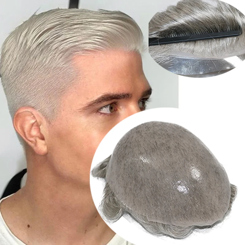 0.04mm V-loop Full Skin Thin Natural Hairline Men 8x10 Toupee 1B40/1B65 /1B50 Grey Brown Human Hair Replacement System Male Wigs