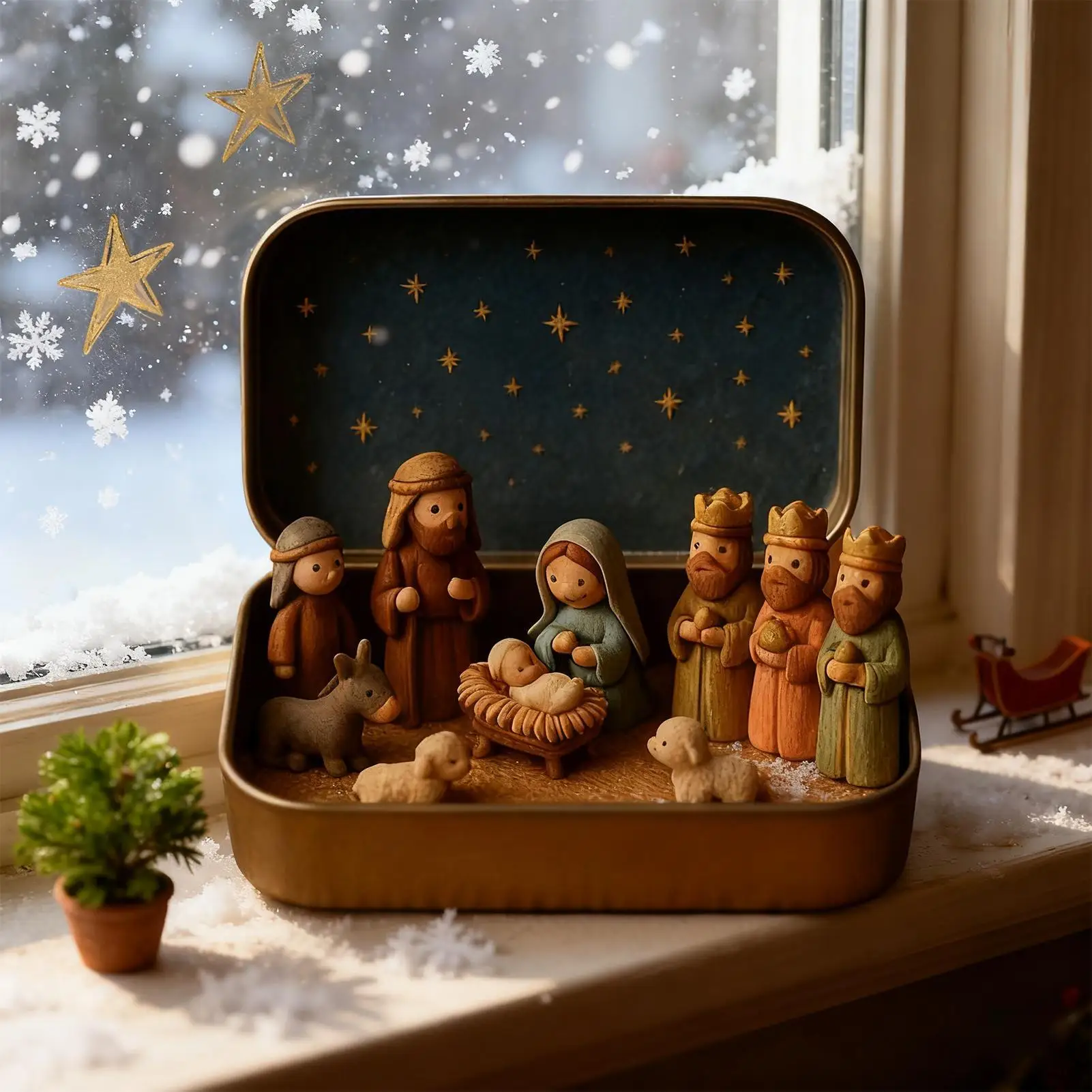 مجموعة المهد الصغيرة صندوق القصدير حجم الجيب زينة الولادة يسوع عيد الميلاد ديكور الأسرة المقدسة للمنزل مكتب غرفة نوم مدخل الدراسة