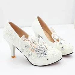 Wedding Shoes Bride White Wedding Shoes Female High Heels Ankle Strap Pumps Women Shoes Rhinestone Lace High Heels Party Shoe#42