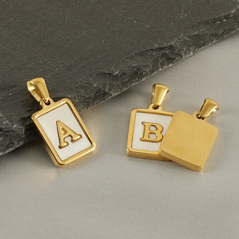 Stainless Steel 18K Gold Plated 26 A-Z Initials Square White Shell Base Pendant for Women Name Necklace