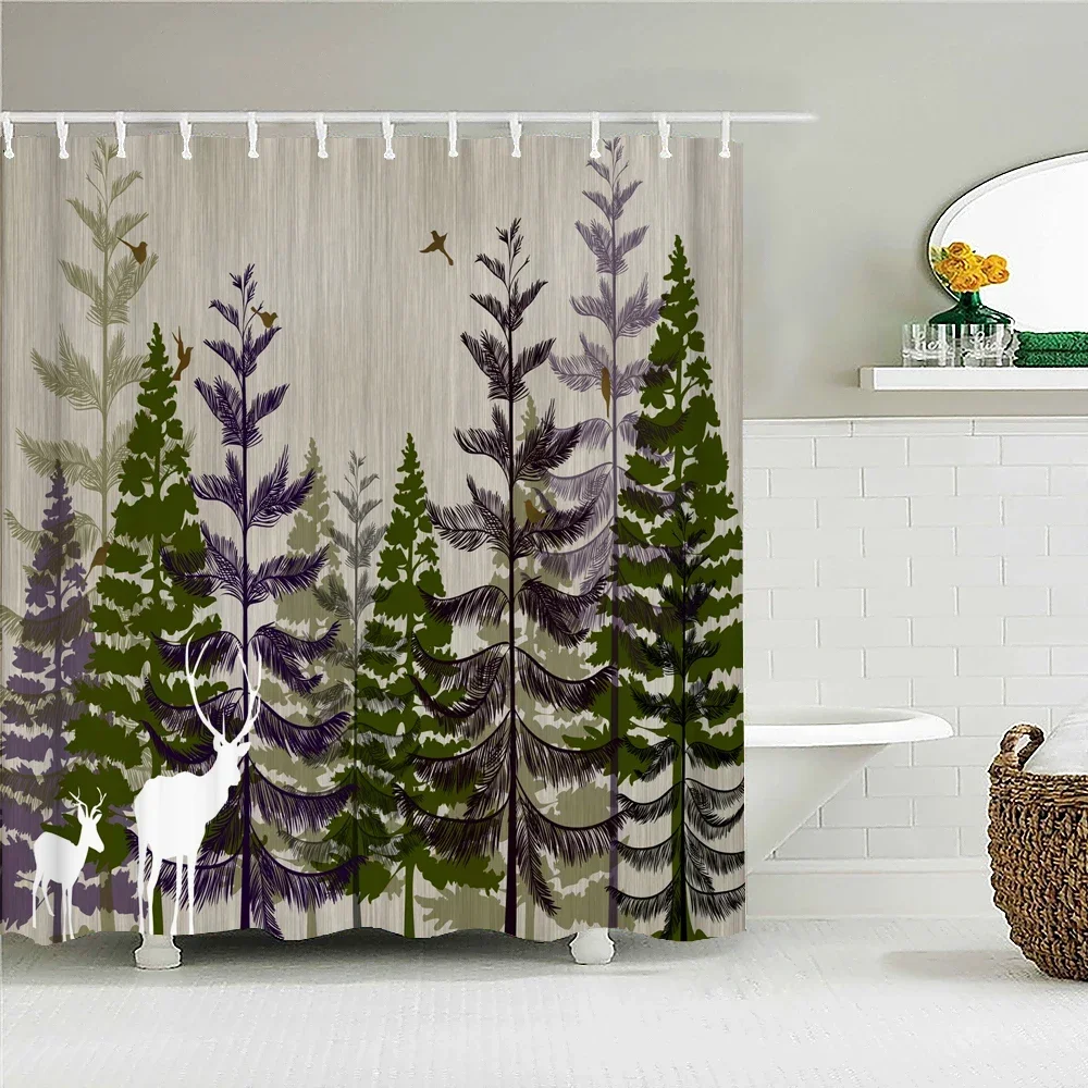 High Quality Forest Trees Deer Printed Fabric Shower Curtains Bath Screen Waterproof Products Bathroom Decorate with 12 Hooks