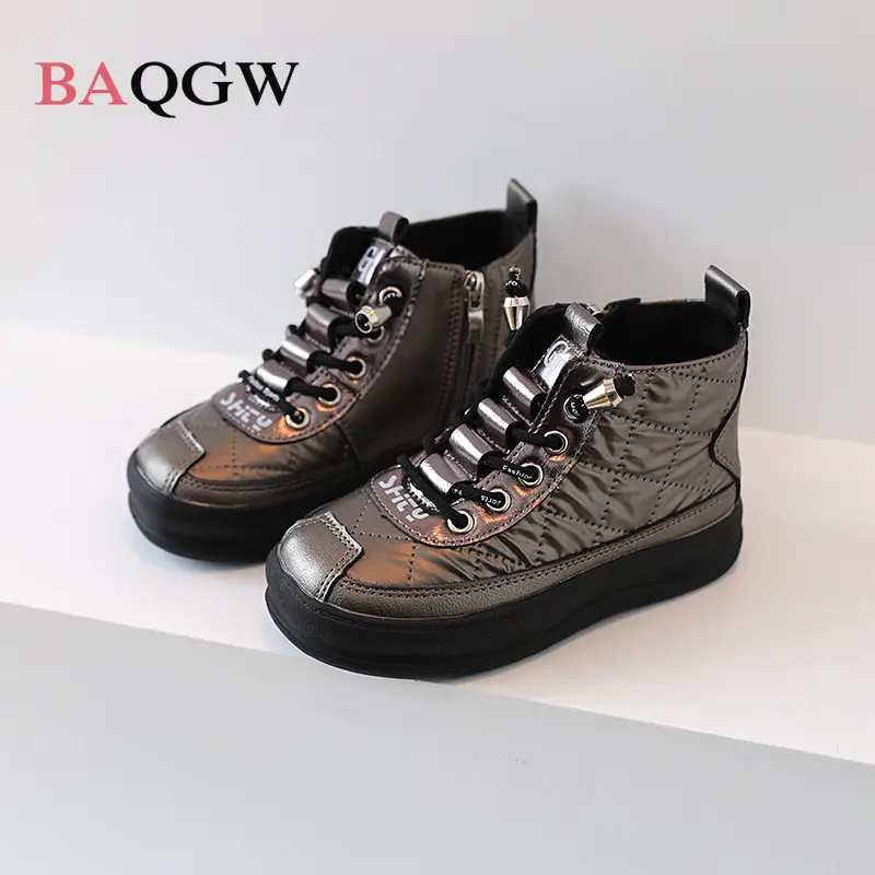 Winter Children Fashion Boots Warm PU High Top Shoes Sneakers Flats Lace Up Baby Girls Shoes Boy Short Warm Boots Size 23-37