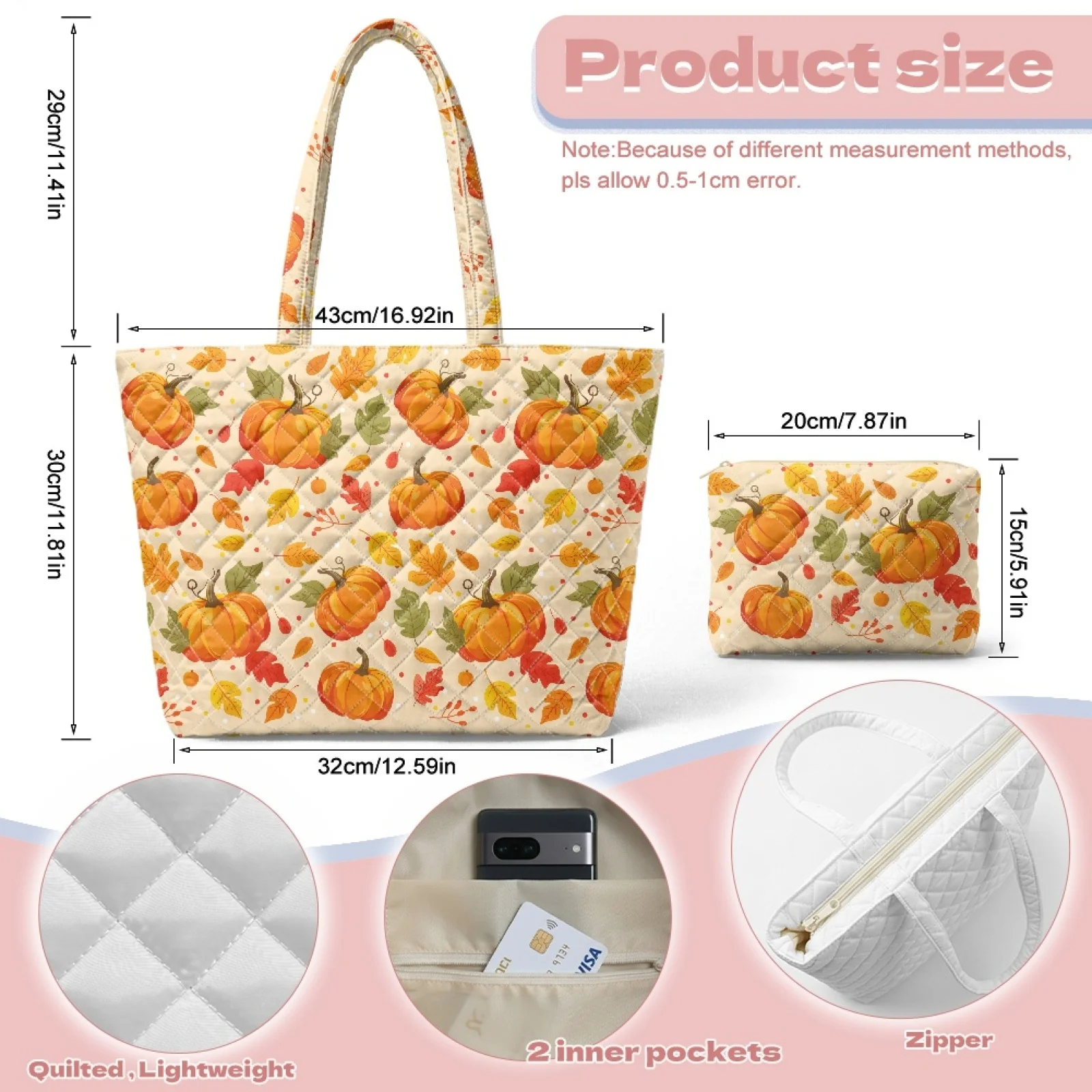 Coloranimal Christmas 2 Pieces Embroidered Quilted Shoulder Tote Bag with Cosmetic Pouch, Lightweight Set for Commuter